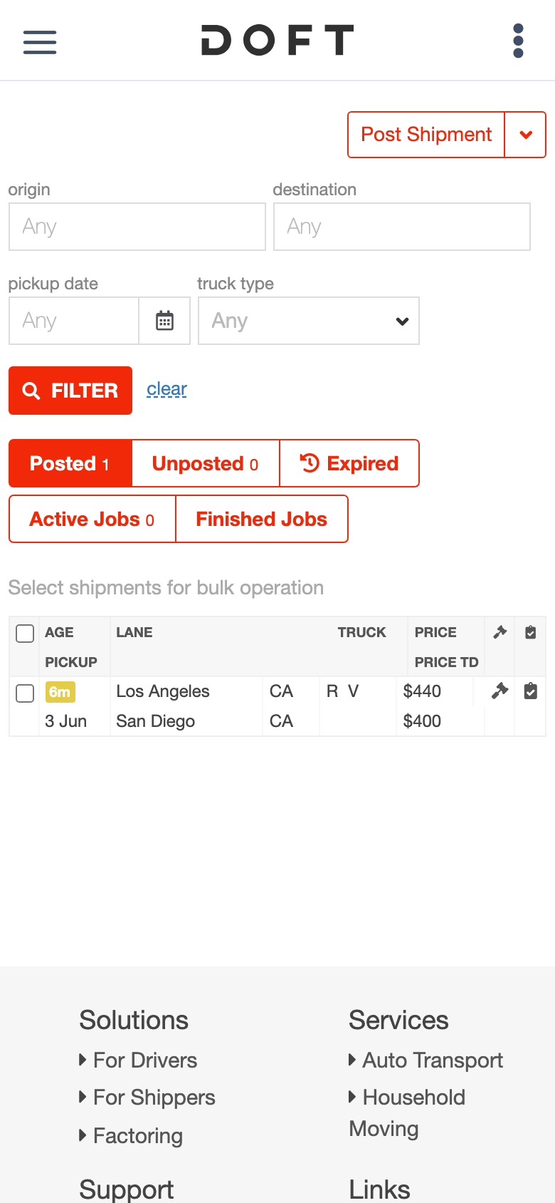 Doft shipper app — your shipments