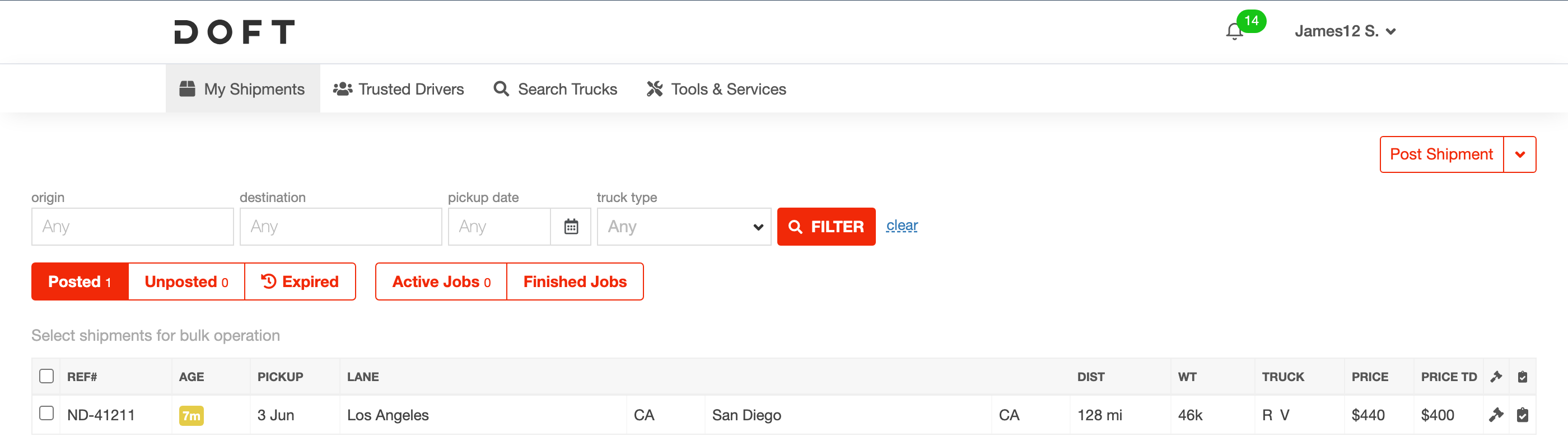 Doft shipper web — manage and track your posted shipments