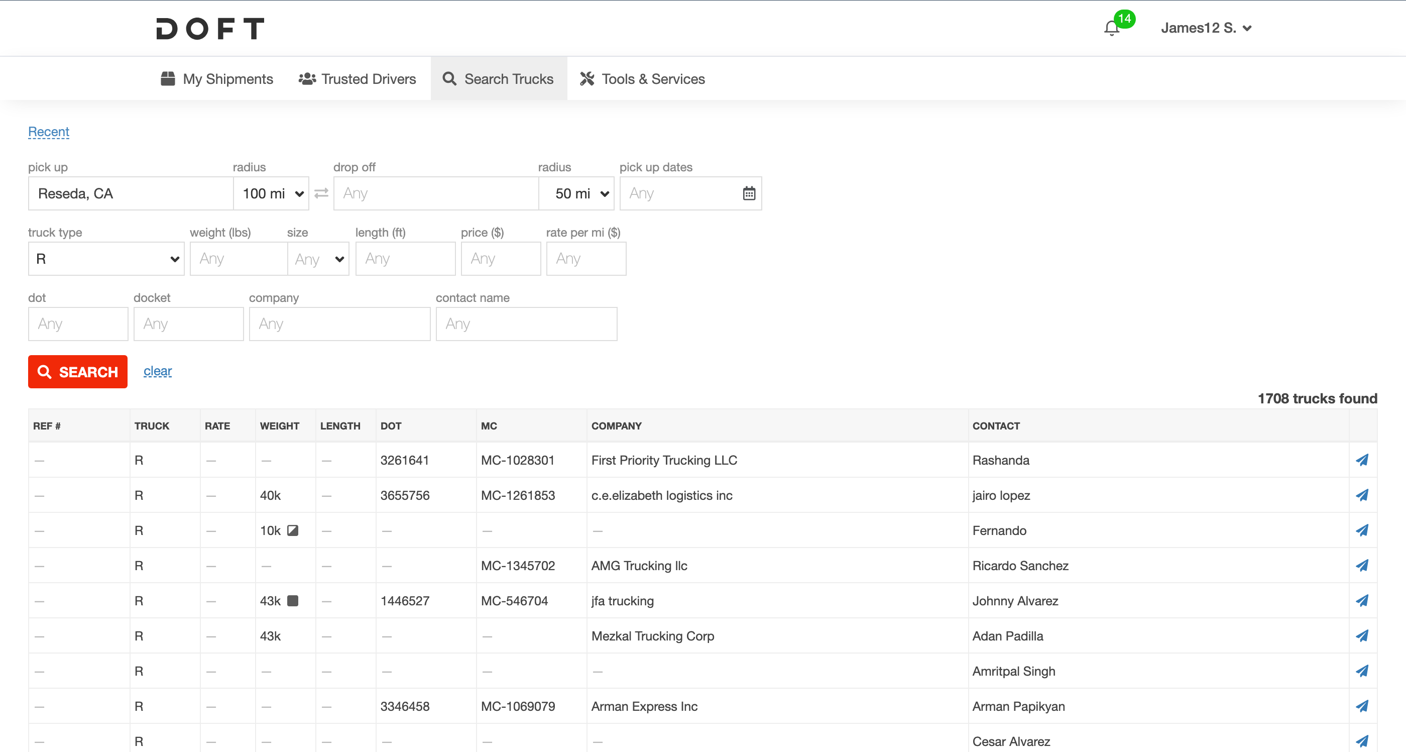 Doft shipper web — search 1,700+ available trucks on your lane